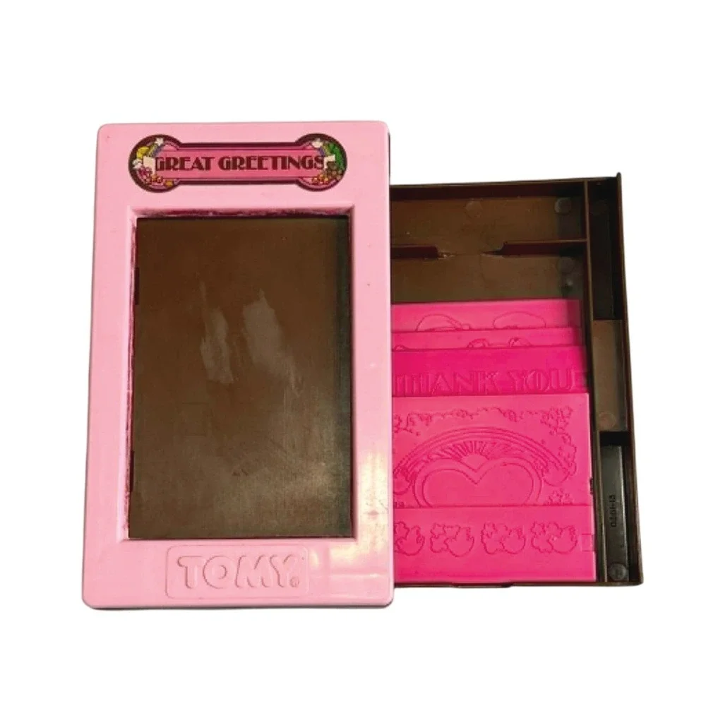 Vintage Tomy Great Greetings Rubbing Plate Art Set Pink 9 Reversible Plates